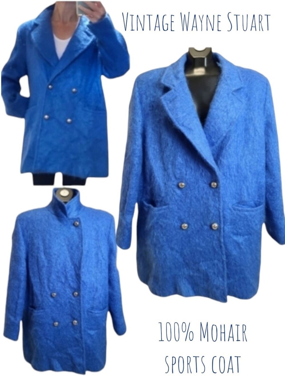 Vintage Wayne Stuart Women's Sport Blue Mohair Double Breasted Blazer Lg